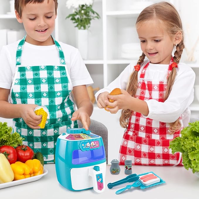 Toy Air Fryer, Play Kitchen Appliances with Music and Light, Pretend Play Food Set for Toddlers, Kids, Kitchen Playset Music & Color Changing Foods, Gift for Boys and Girls 2 3 4 5 Years Old