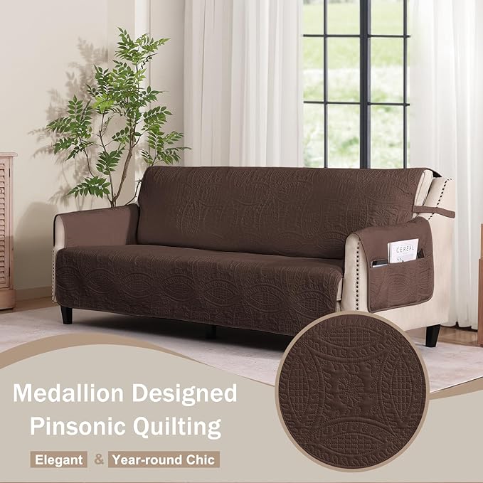 Soft Couch Cover with Pockets for Extra-Large Sofa, Medallion Quilted Design Couch Covers for 3 Cushion Sofa, Oversized Sofa Covers Washable Water-Repellent (X-Large Sofa 78", Chocolate)