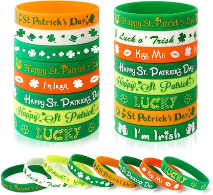 JUNEBRUSHS 24pcs St. Patrick's Day Party Favors Silicone Bracelets Green Clover Shamrock Rubber Wristbands Adults St. Patrick's Day Party Ireland Spring Holiday Decorations Gift (8 Designs)