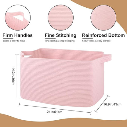 OIASKET 95L Extra Large Blanket Basket, 24" x 16.9" x 14.2" Woven Storage Basket for Living Room, Rectangle Nursery Blanket Storage for Toys, Towels, Dirty Clothes (Pink)