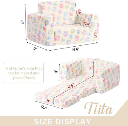 Tiita Kids Sofa, 2-in-1 Kids Sofa Chair, Convertible Children Couch to Lounger, Flip Out Kids Sofa Chair, Toddler Armrest Chair Bed, Folding Kids Play Sofa for Girl or Boy, White Flower