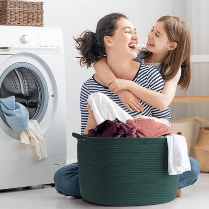 Maliton Woven Rope Basket for Blankets, Extra Large Storage, Green Laundry Hamper, Baby and Pet Toy Storage, Big Towel Basket, 22" x 22" x 14" Blanket Holder, Cotton Rope Bin