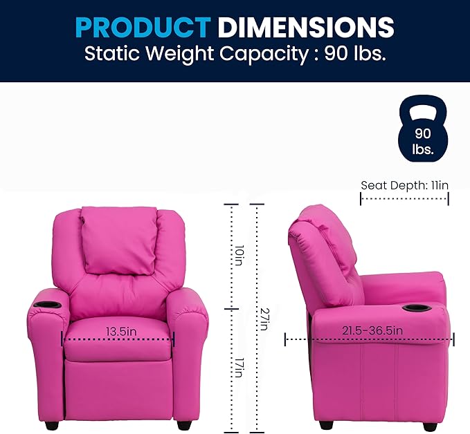 Flash Furniture Vana Vinyl Kids Recliner with Cup Holder, Headrest, and Safety Recline, Contemporary Reclining Chair for Kids, Supports up to 90 lbs., Hot Pink