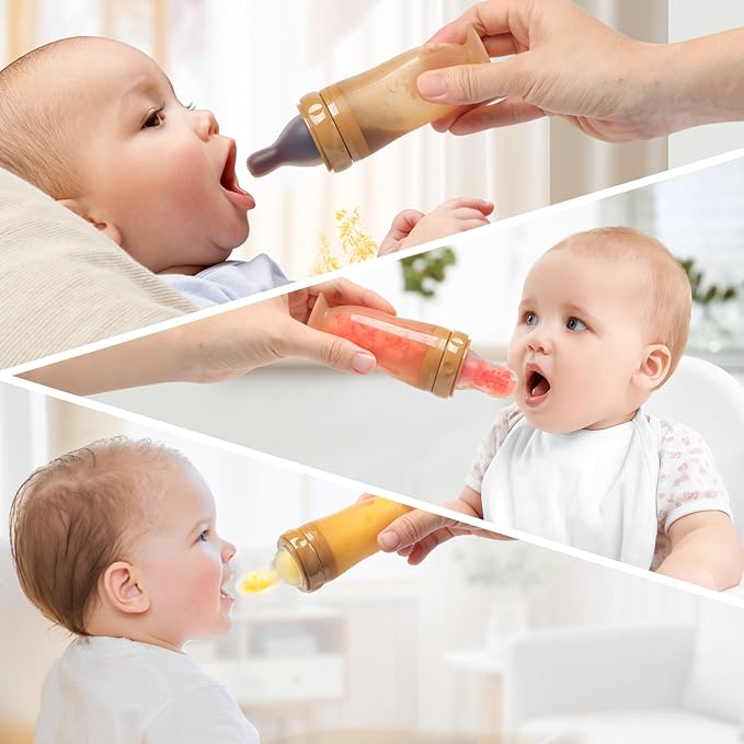 Baby Multifunctional Complementary Food Bottle, Silicone Milk Bottle 3-in-1, Including Dispensing Spoon, Regular Nipple and Fruit Puree Feeding Nipple, Auxiliary Weaning Bottle