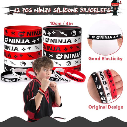 12Set Ninja Party Favors Birthday Supplies for Kids Boys, Ninja Spiral Notepads Invisible Ink Pens Stars Slingshots Stretchy Flying Ninjas Silicone Bracelets Ninja Toys Gifts Ninja Party Supplies