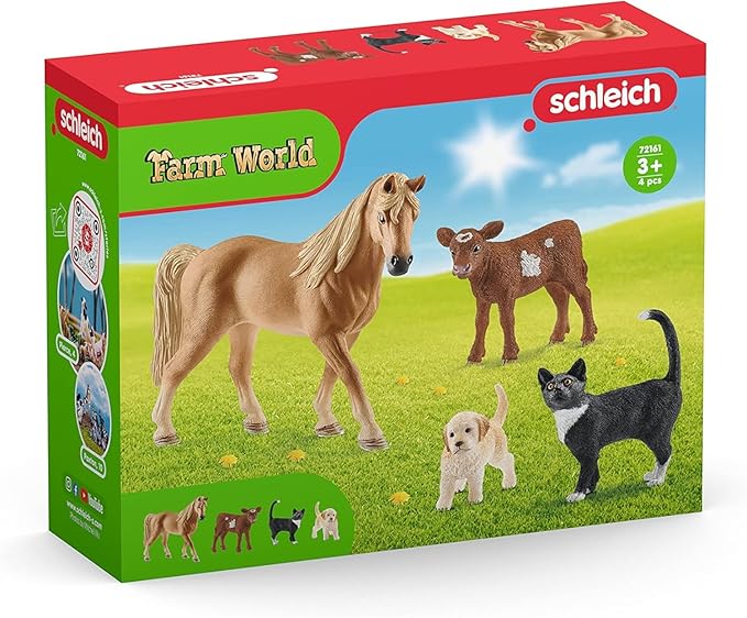 Schleich Farm World 4pc Animal Figurine Starter Playset - Educational Farm Animal Collection Starter Kit Toy with Cat, Horse, Puppy, and Calf, Durable for Boys and Girls, Gift for Kids Ages 3+