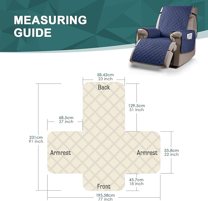 Ruaozz 100% Waterproof Recliner Chair Cover Non-Slip Reclining Cover for Recliner Chair Washable Chair Seat Cover with Elastic Straps for Kids, Dogs, Pets (Ocean Blue, 23'')