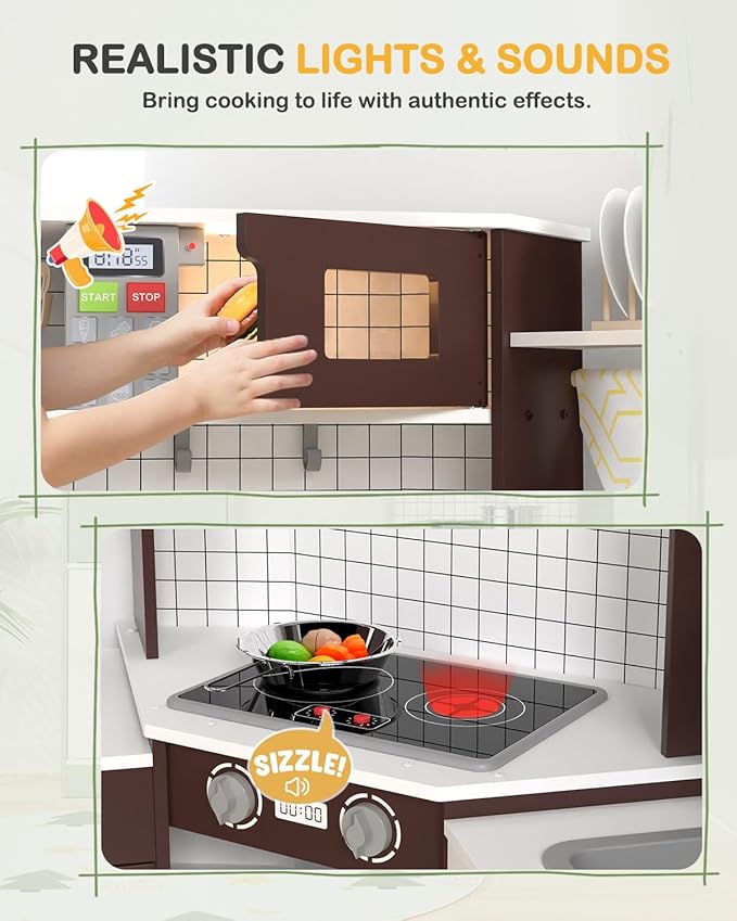 Babytronic Corner Wooden Play Kitchen Set for Kids w/Lights & Sounds, Pretend Play Kitchen Playset with Stove, Microwave, Ice Maker & Accessories, Perfect for Toddlers & Multiple Children (Coffee)