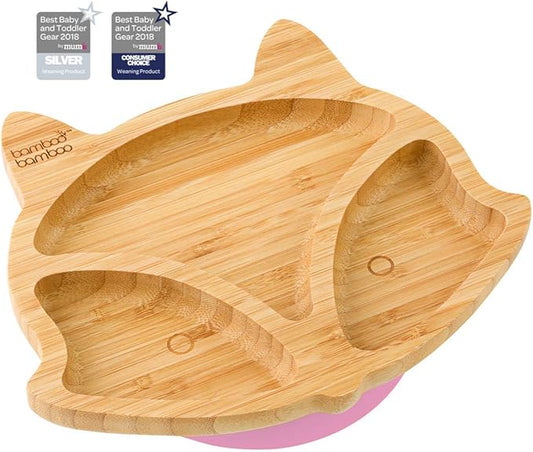 Bamboo Baby Plate with Suction - Kids and Toddler Suction Cup Plate for Babies, Non-Toxic All-Natural Bamboo Baby Food Plate Stays Cool to The Touch for Baby-Led Weaning (Fox-Pink)