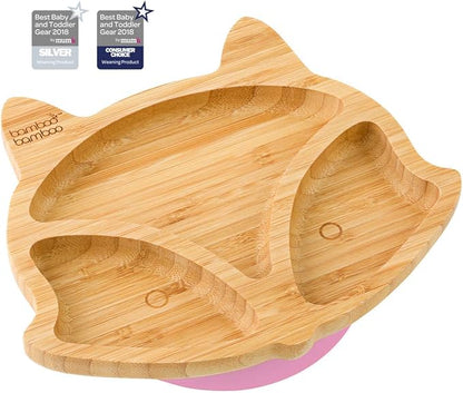 Bamboo Baby Plate with Suction - Kids and Toddler Suction Cup Plate for Babies, Non-Toxic All-Natural Bamboo Baby Food Plate Stays Cool to The Touch for Baby-Led Weaning (Fox-Pink)