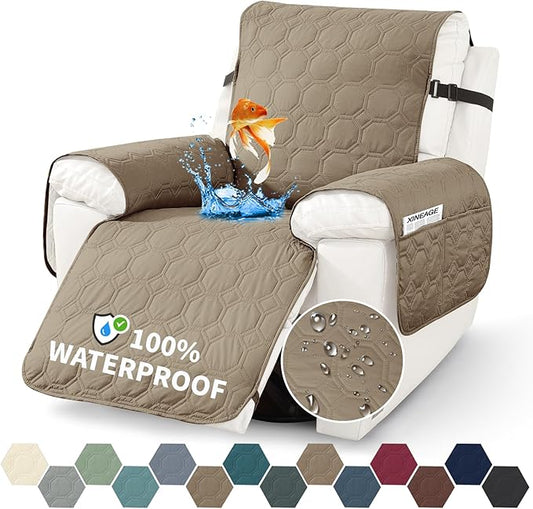XINEAGE 100% Waterproof Recliner Chair Cover, Non Slip Covers for Recliner Chair with Pocket, Washable Dog Recliner Couch Cover with Elastic Straps (Light Coffee, 22")