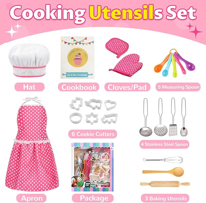 Kids Cooking Baking Set , Kids Kitchen Pretend Play Toys, Kids Chef Role Play Costume Set - Chef Hat and Matching Pink Apron, Birthday Xmas Gifts for 3-8 Year Old Girls Toys