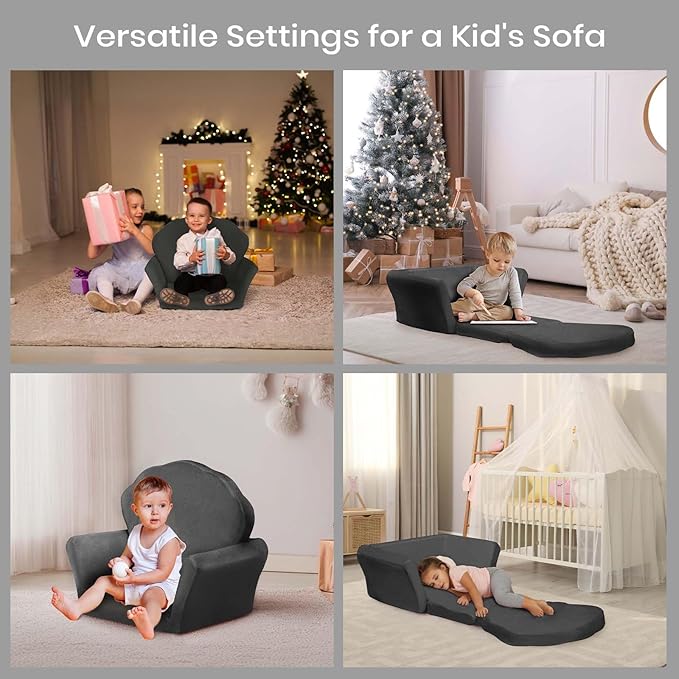COSYLAND Kids Sofa for Toddler, 2-in-1 Folding and Expandable Soft Chair Bed Toddlers,Convertible Sofa to Lounger Sleeper Chair Bed for Girls and Boys,Dark Gray