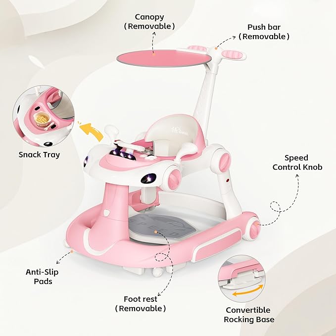Baby Walker with Wheels, 7-in-1 Foldable Baby Walkers for Boys Girls 6-12 Months with Feeding Tray & Music, Lights,Rocker,Sun Canopy, Bouncing Pedal, Adjustable Wheel Speed, Push Walker (Pink)