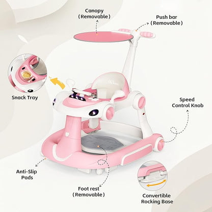 Baby Walker with Wheels, 7-in-1 Foldable Baby Walkers for Boys Girls 6-12 Months with Feeding Tray & Music, Lights,Rocker,Sun Canopy, Bouncing Pedal, Adjustable Wheel Speed, Push Walker (Pink)