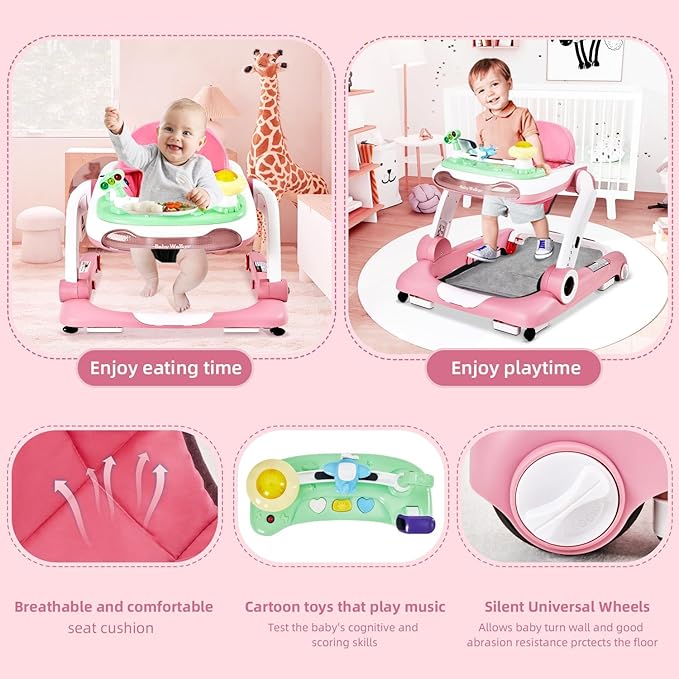 5-in-1 Baby Walker with Wheels, Baby Walkers for Boys Girls 6-18 Months, Foldable Adjustable Walker with Bouncer, Feeding Tray, Music & Detachable Footrest(Pink)