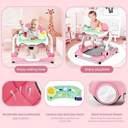 5-in-1 Baby Walker with Wheels, Baby Walkers for Boys Girls 6-18 Months, Foldable Adjustable Walker with Bouncer, Feeding Tray, Music & Detachable Footrest(Pink)