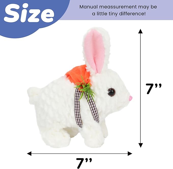 Hopearl Hopping Rabbit with LED Ears Carrot Backpack Interactive Plush Bunny Toy with Sounds Animated Walking Wiggle Light up Ears Twitch Nose Gift for Toddlers, White, 7''
