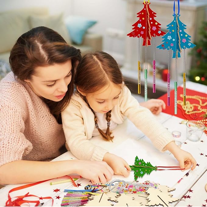 6 Pack Wind Chime Kit for Kids,Christmas Craft Kits DIY 3D Christmas Tree Wind Chime Unfinished Wooden Xmas Tree Ornaments for Boys Girls Activity Art Project Decor