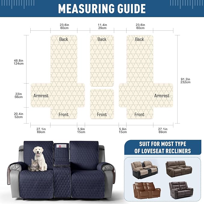 TAOCOCO 100% Waterproof Recliner Cover -Loveseat Recliner Cover with Center Console,Non-Slip Reclining Couch Covers for 2 Seat,with Elastic Straps Pocket for Kids, Dogs(Dark Blue, 2 Seater XL)