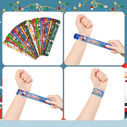 Cinrobiye 144pcs Christmas Slap Bracelets Button Pins Tattoo Stickers Christmas Snap Bracelets Xmas Badges Party Favors Supplies for Holiday School Reward Goodie Bag Stocking Stuffers Fillers(Set 1)