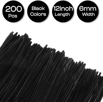 Caydo 200 Pieces Black Pipe Cleaners Craft for Kids DIY Creative Art and Craft Project, Chenille Stems Bulk for Dreadlocks Making and Home Decoration (12 Inch x 6 mm)
