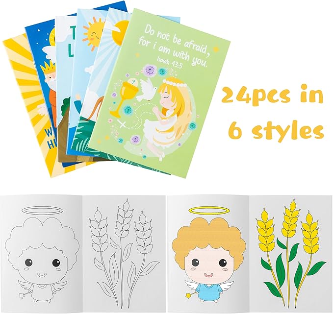 GROBRO7 24Pcs Christian Bible Coloring Books for Kids DIY Art Drawing Book with Angels Priests Churches Candles Crosses Patterns Color Booklets for Sunday School Classroom Rewards Goodie Bag