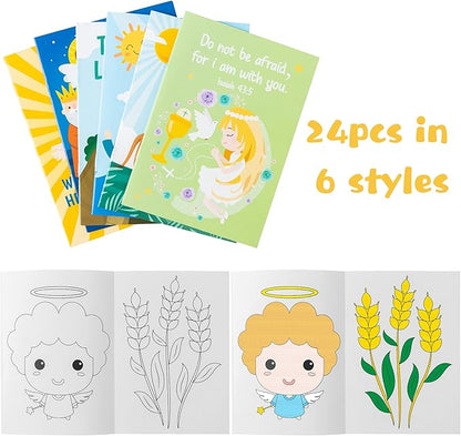 GROBRO7 24Pcs Christian Bible Coloring Books for Kids DIY Art Drawing Book with Angels Priests Churches Candles Crosses Patterns Color Booklets for Sunday School Classroom Rewards Goodie Bag
