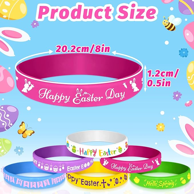 NEBURORA 72 Pcs Easter Rubber Bracelets Bunny Rabbit Egg Chick Flower Carrot Silicone Wristbands for Spring Happy Easter Party Favors Baskets Stuffers Egg Fillers
