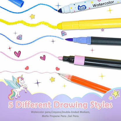 KIDDYCOLOR Unicorn Washable Markers Set 69 pcs with Glitter Pencil Case - Arts and Crafts Coloring Kit for Kids Ages 4-8, Includes Unicorn Stickers - Perfect Gifts for Girls