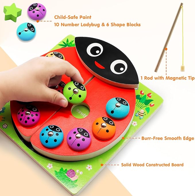 Wooden Ladybug Montessori Toys for 1 2 3 4 Year Old Boy Girl Christmas One 1st Birthday Gift Magnetic Fishing Game for Toddler 1-3 2-4 Educational Learning Number Counting Shape Sorter Sorting