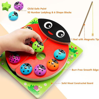 Wooden Ladybug Montessori Toys for 1 2 3 4 Year Old Boy Girl Christmas One 1st Birthday Gift Magnetic Fishing Game for Toddler 1-3 2-4 Educational Learning Number Counting Shape Sorter Sorting