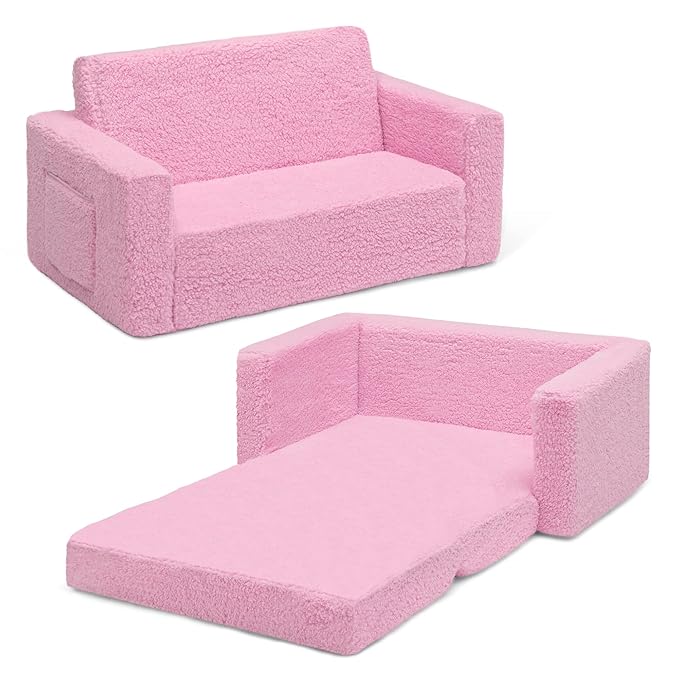 Delta Children Cozee Flip-Out Sherpa 2-in-1 Convertible Sofa to Lounger for Kids, Pink
