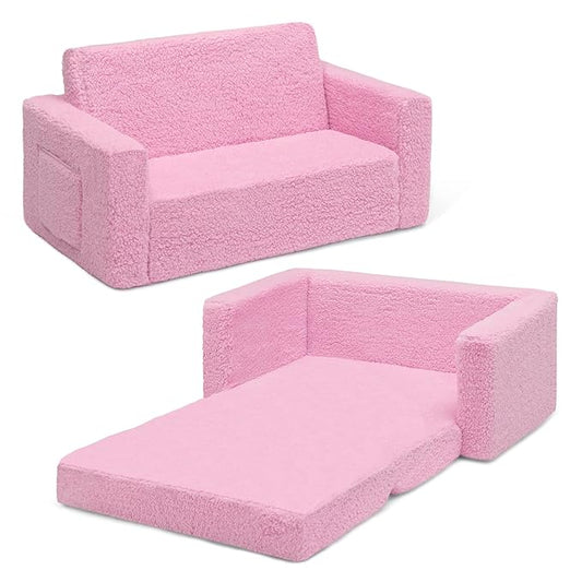 Delta Children Cozee Flip-Out Sherpa 2-in-1 Convertible Sofa to Lounger for Kids, Pink