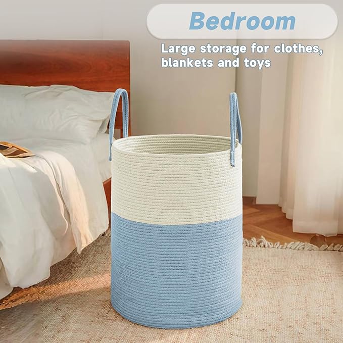 JMvicyroam Large Woven Laundry Basket Hamper,100L Cotton Rope Storage Bin for Blankets,Toys and Clothes,Decorative Tall Nursery Hamper for Living Room,Baby Nursery,Bathroom and Bedroom,White and Blue