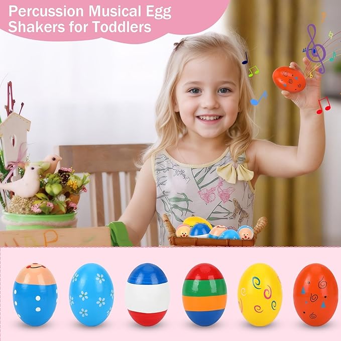Augshy 14 PCS Egg Shakers Percussion Musical Egg Maracas Easter Egg Kids Toys （Wooden)
