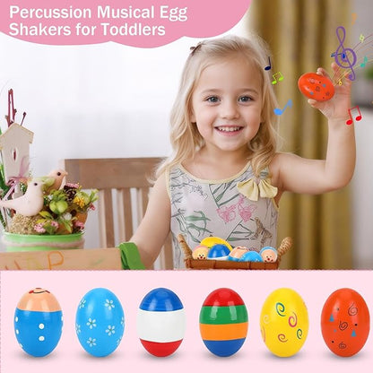 Augshy 14 PCS Egg Shakers Percussion Musical Egg Maracas Easter Egg Kids Toys （Wooden)