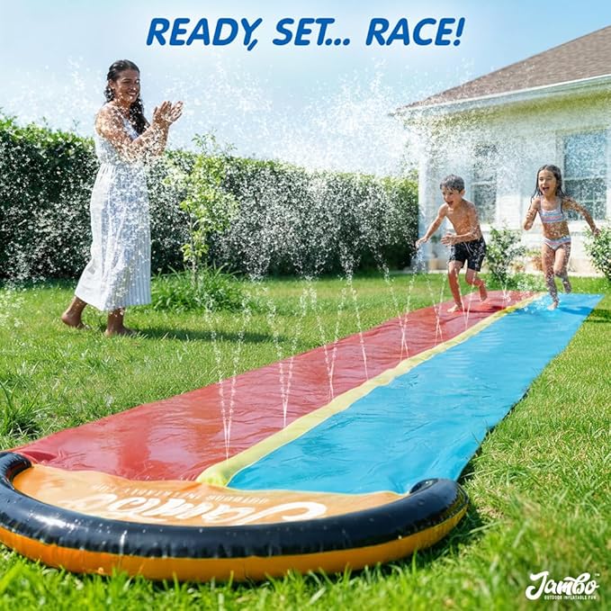 JAMBO Premium 18Ft Budget Slip Splash and Slide, Heavy Duty Water Slide with Advanced Sprinkler System, Backyard Waterslide, Splash Mat, Outdoor Water Toys n Slides for Kids