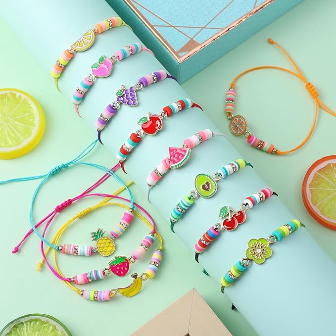 12 Pcs Kids Bracelet for Girls Toddler Jewelry Fruits Summer Princess Party Favors Friendship Bracelets Adjustable Pretend Play Luau Goodie Bag Classroom Reward