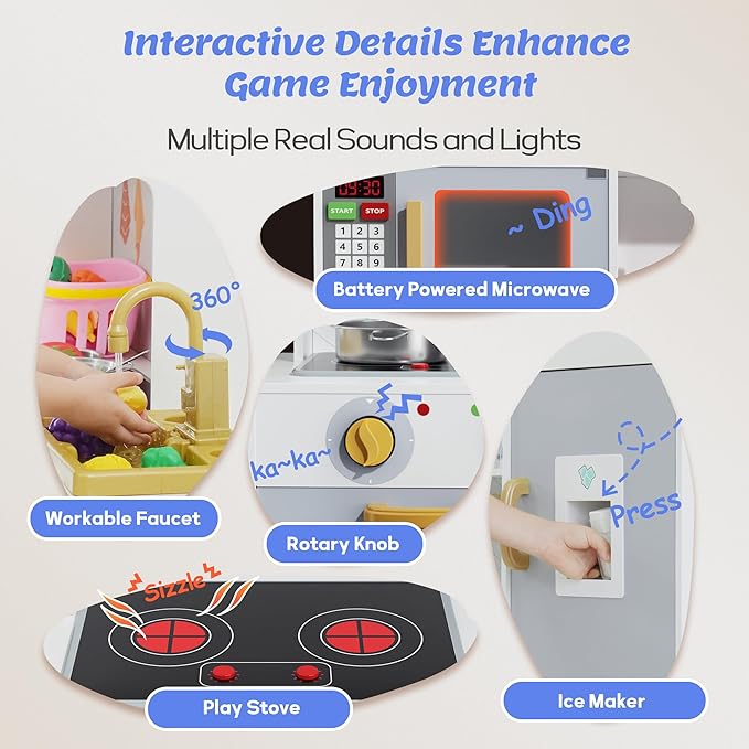 Play Kitchen for Kids, Wooden Play Kitchen with Toy Storage System, 21pcs Accessories Included, Oven Faucet, Microwave, Ice Maker, BBQ, with Lights & Sounds Kitchen Playset Gift for Ages 3+