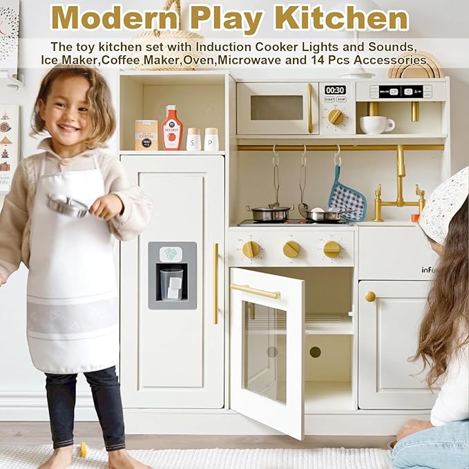 Play Kitchen for Kids Chef Pretend Wooden Kitchen Playset with Real Lights & Sounds and 14 Pcs Toddler Kitchen Accessories, Toy Kitchen Set for Boys and Girls Ages 3+