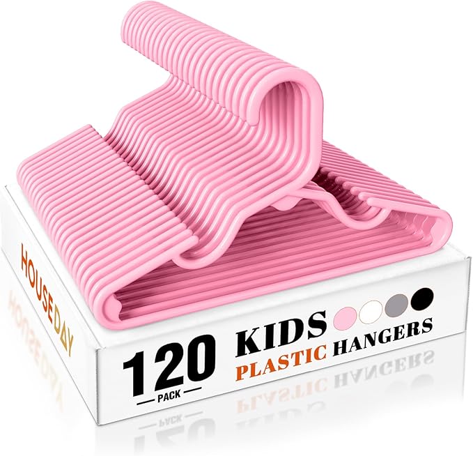 HOUSE DAY Kids Plastic Hangers for Closet, Childrens Hangers for Clothes & Baby Hangers, Toddler, and Child Clothes - Clothing, Pants, Coats, and More - Ideal for Everyday Use (Pink, 120 Pack)