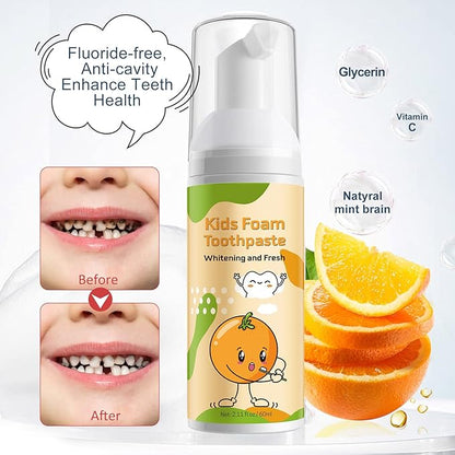 Kids Foam Toothpaste with Low Fluoride, Orange and Strawberry Flavor, Safe Natural Formul, Perfect for U-Shape Electric Toothbrush