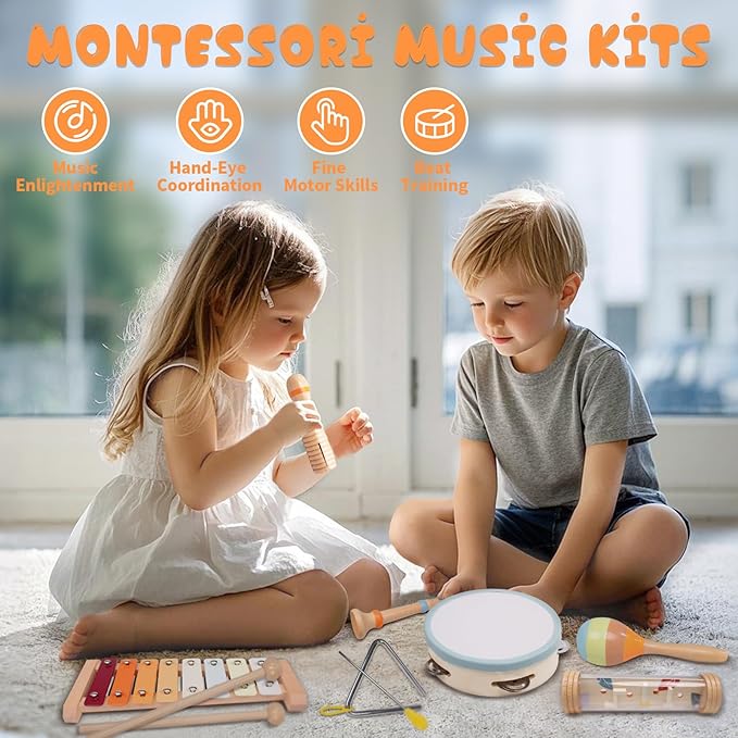Baby Musical Instruments Sets, Montessori Wooden Percussion Educational Musical Toys for Toddlers, Xylophone Preschool Learning Activities Birthday Gifts for Boys Girls