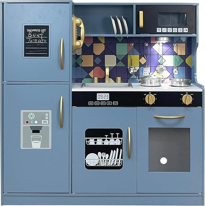 Wooden Play Kitchen Toy Set with Light, Kids Children Pretend Toy Kitchen Playset, Sink Play Toy Oven with Microwave,Toddler Cooking Set Toy for Ages 3+ Baby Girls Boys (Blue)