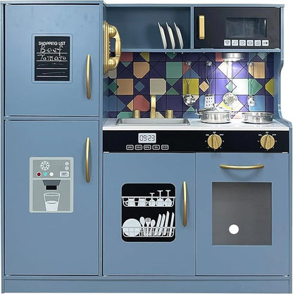 Wooden Play Kitchen Toy Set with Light, Kids Children Pretend Toy Kitchen Playset, Sink Play Toy Oven with Microwave,Toddler Cooking Set Toy for Ages 3+ Baby Girls Boys (Blue)