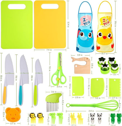 Kids Montessori Cooking Kitchen Toys and Toddler Knife Set - 30Pcs Kids Knifes for Real Cooking and Baking Accessories ,Toddlers Kitchen Tools Ages 3-10 Kids Birthday (30 PCS)