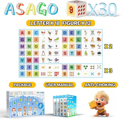 Magnetic Blocks ABC 123 Alphabet Colorful Printed, Building Blocks for Toddler 1-3, Magnet Cubes Sensory Toys, Preschool Early Learning Number,Letter,Animals,Education for Kids Age 1 2 3