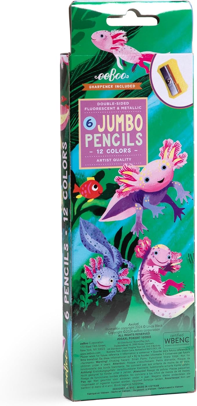 eeBoo: 6 Jumbo Colored Pencils - Axolotl - Double-Sided,12 Colors, Metallic &Fluorescent, Great for Coloring, Art Supplies, Kids Ages 3+