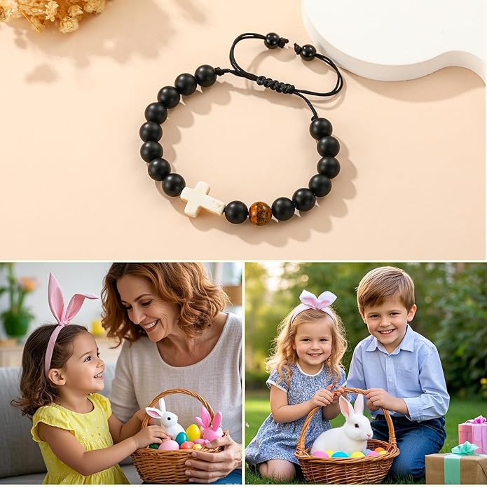 Easter Basket Stuffers for Girls Teens Boys Kids, Cross Natural Beads Bracelet Christian Religious Baptism First Communion Confirmation Jewelry Gifts